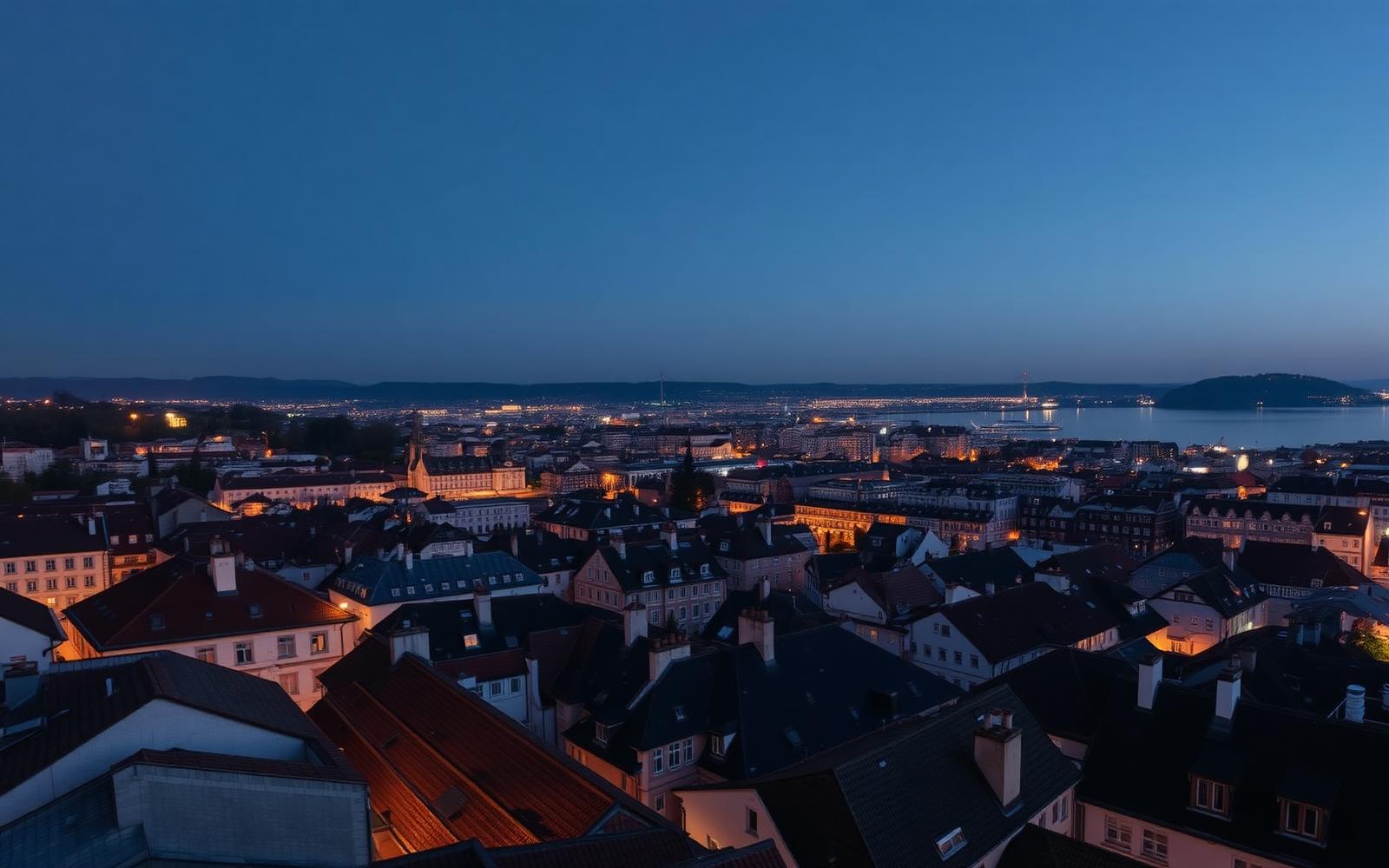 Swiss urban skyline at dusk